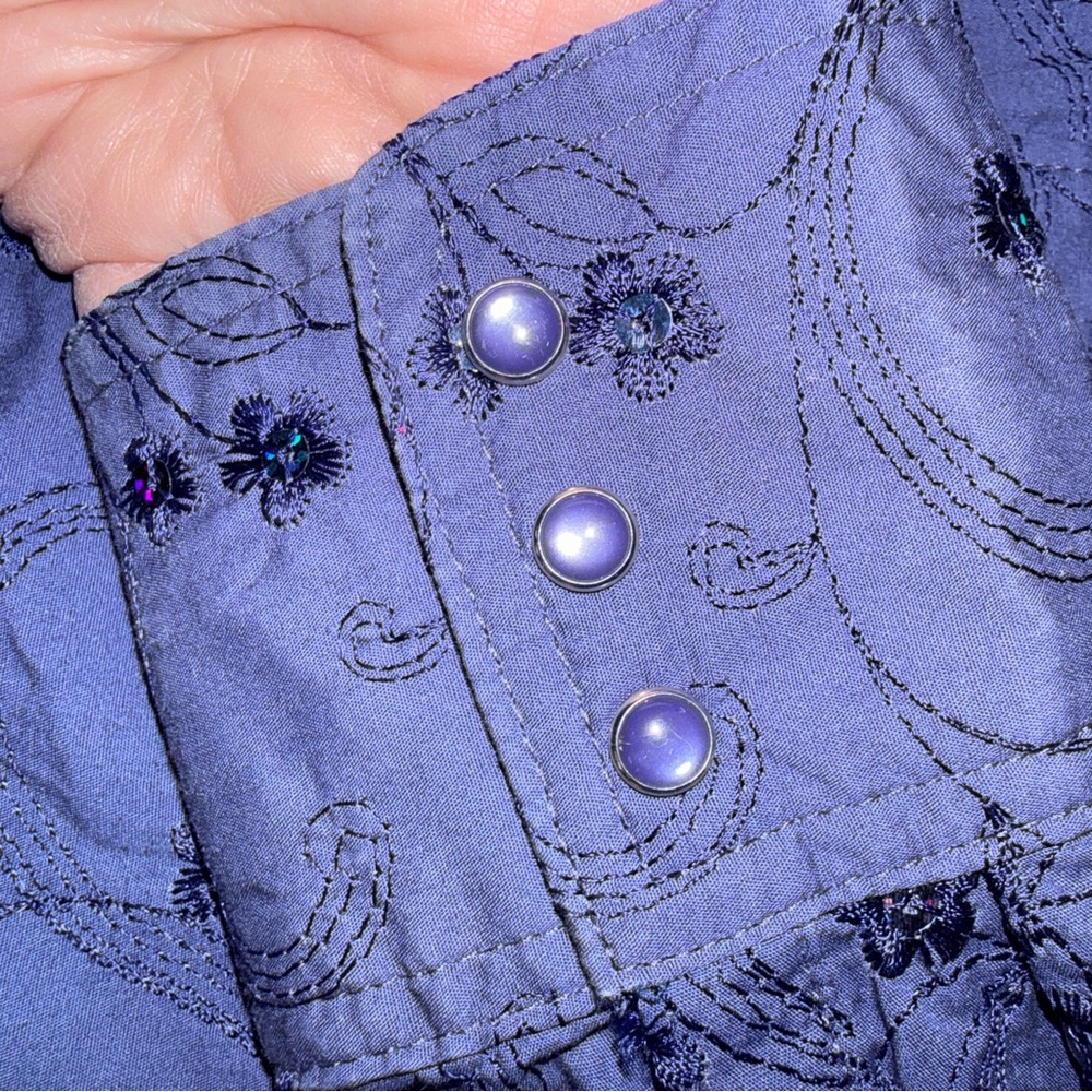 Ariat Women’s Navy Sequin Embroidered Western Pearl Snap Shirt L Cowgirl Sparkle - Picture 9 of 10